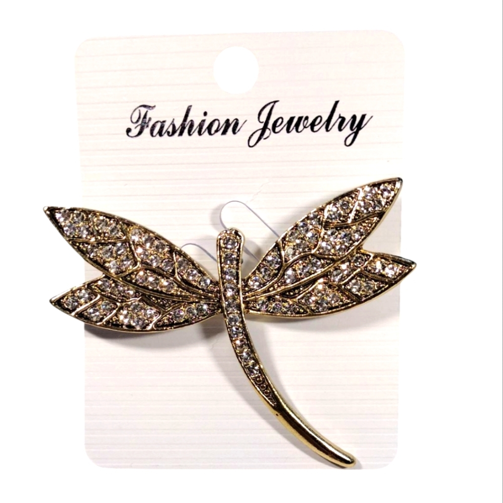 Crystal Dragonfly Brooch Gold Tone